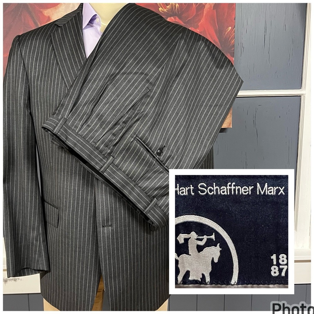 Hart Schaffner Marx Suit Mens 42R Wool Cuffed Pleated Pants 35x30 Charcoal